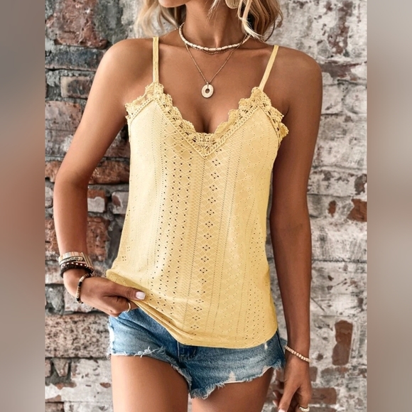 New Boho Open Embroidered Eyelet Lace Cami Top Tank Yellow - Picture 4 of 8